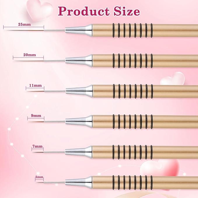6Pcs Nail Art Liner Brushes Set, Fine Drawing Painting Details Design Striping Brush With Gel Polish Acrylic Handle Gifts Manicure Tools DIY Sizes 5/7/9/11/15/25mm, Gold