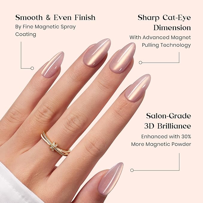 Beetles X Press Cat Eye Nails Kit - 7 Colors Nude Cat Eye Press On Nails Medium Almond | 224Pcs 16 Sizes All-in-One Kit With Nail Glue,Remover,Builder Top Coat,Nail Lamp Gift For Women