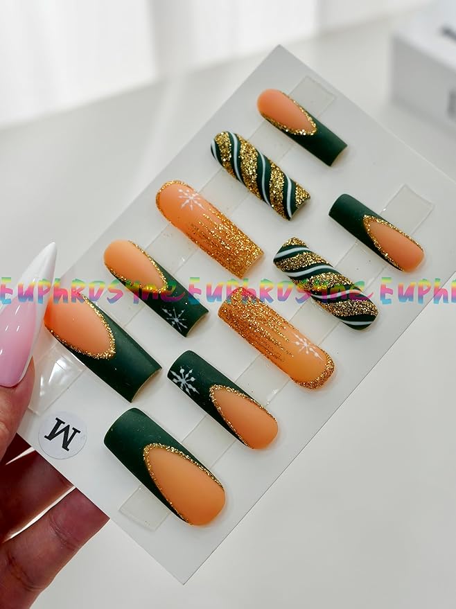 Euphrosyne Matte Press On Nails – 10pcs Medium Coffin Fake Nails in Nude Orange with Glitter Gold French Tips, Animal Print & Snowflake Accents