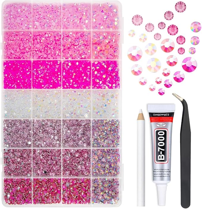 28 Types Pink Jelly Resin Rhinestones for Bedazzling Crafting 3mm-6mm Flatback Colorful Hot Pink Stones Gems Diamonds for Nails Face Eyes Makeup DIY Crafts Tumblers Bottles Clothes Shoes Phones