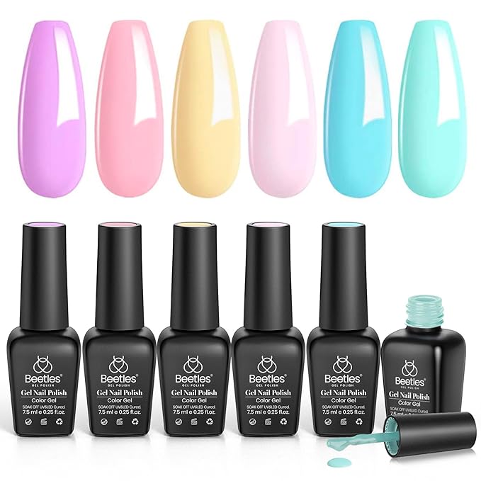 Beetles Pastel Gel Polish Set - 6 Colors Pink Yellow Blue Green Purple Soak Off Nail UV Lamp Gel Nail Kits Decorations Nail Art Gifts Easter