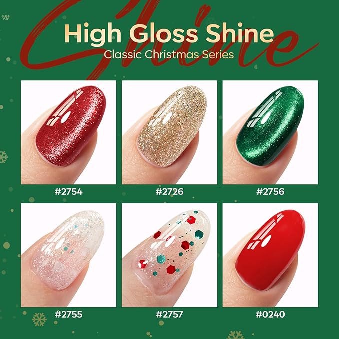 modelones Christmas Gel Nail Polish Set, 6 Colors Cat Eye Red Green Glitter Gold Silver Winter Gel Polish Kit with Magnet Nail Stickers Soak Off Led Nail Art Manicure Salon DIY New Year Holiday Gifts