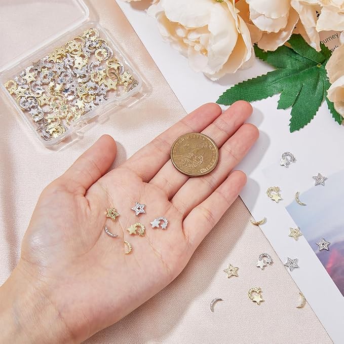 120Pcs 6 Style Alloy Rhinestone Cabochons Platinum/Light Gold Nail Art Decoration Accessories Stars Moon Nail Rhinestones 3D Nail Art Charms for Beautifulr Nail Art Making