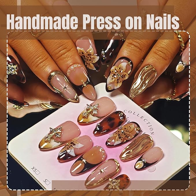 Handmade Acrylic Press On Nails Almond, Brown Press On Nails Medium, Flower 3D Nails French Tip Amber Gold Chrome For Women Gift, Reusable Stick On Fake Nails Kit With Nail Glue(Amber Bloom-M)