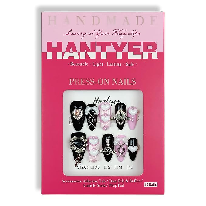 10Pcs Y2K Press on Nails with Tools Kit, Medium Almond Glossy Nails in Pink & Black, Handmade Nails with 3D Metal Charms (Heart/Cross) & Rhinestones, Edgy Punk Style for Women(Size S)