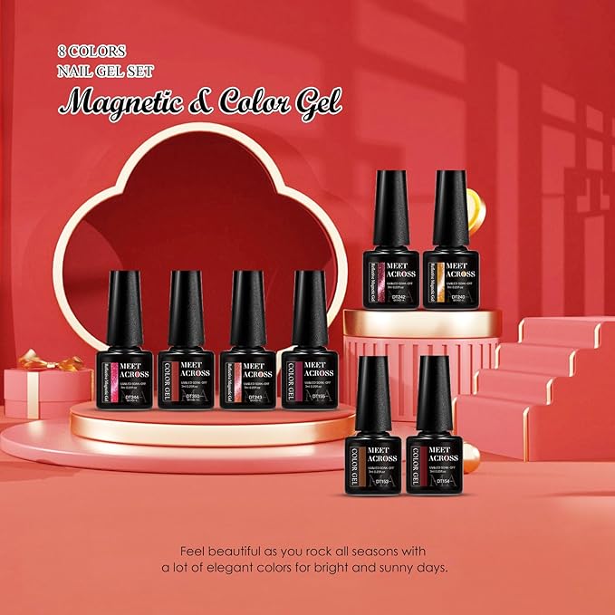 MEET ACROSS 8pcs Gel Nail Polish Set, Soak off UV LED Lamp Gel Nail Polish Cat Eye Set Home Gel Manicure Kit 7ml (Cat Eye + color Gel-2)