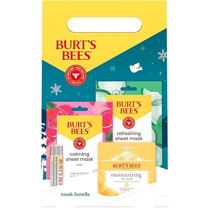 Burt’s Bees Mask Bundle Gift Set; , Ultra Conditioning Lip Balm and Moisturizing Lip, Refreshing Sheet and Calming Sheet Masks; Festive Packaging; 1 Gift Set