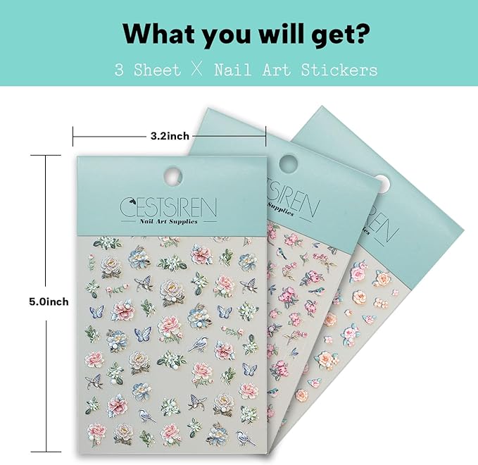 Flower Rose Bird Nail Art Stickers Pearl Rhinestones Embossed Vintage Nail Decals for Nail Art Design Self-Adhesive Nail Accessories for Women Nail Art Supplies 3 Sheets