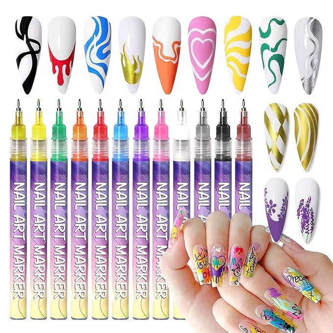 12 Colors Nail Art Pens Set，0.05mm NailPolish Pens, 3D Markers Polish Pen Sets Quickly Dotting Drawing Painting Liner Brush for Art Design DIY Manicure Supplies