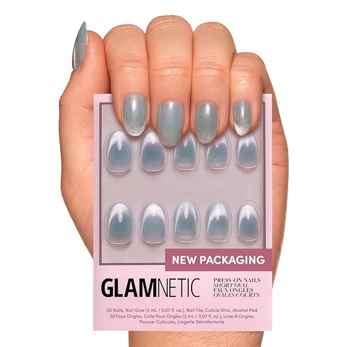 Glamnetic Press On Nails - Unicorn Tears Fake Nails | Short Oval, Misty-Grey Nails with a Mesmerizing Metallic Finish | 15 Sizes - 30 Nail Kit with Glue