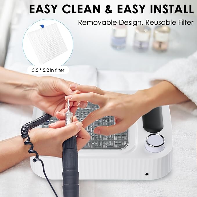Nail Dust Collector with Reusable Filter for Acrylic Gel Nails, 80W Adjustable Nail Vacuum Suction Fan for Manicure Pedicure at Salon or Home, White