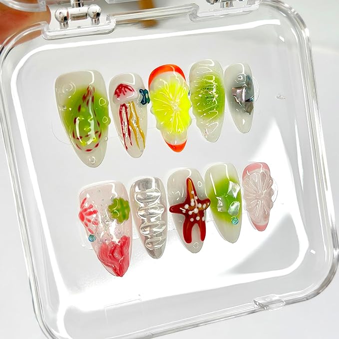 Luxury Press on Nails Medium Almond Handmade 3D Unique Reusable ABS Material Fake Nails French Tip False Nails with Designs Fruit Starfish Art Glossy Glue on Nails Thick Acrylic Nails(S)