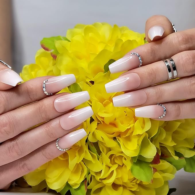Hypnaughty 24 Pcs Rhinestone Luxury Coffin Press on Nails with Design and Glue Long Fake Nails Nude and White Ombre with Rhinestones Glossy Glue On False Nails (Rhinestone)