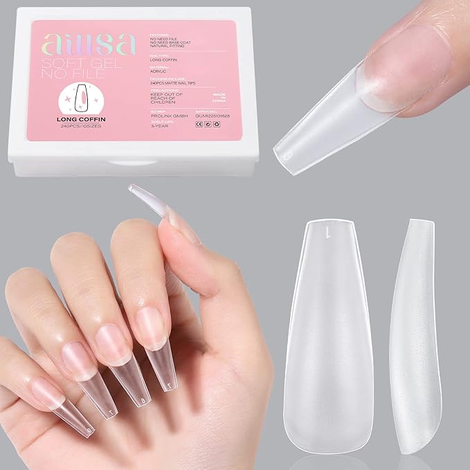 AILLSA Long Coffin Nail Tips - Upgraded Matte Soft Full Cover Gel Nails Tips No Filed, 240Pcs Pre-shaped Gelly Tips Acrylic Clear Fake Press On Nail Tip for Soak Off Nail Extension 10 Sizes