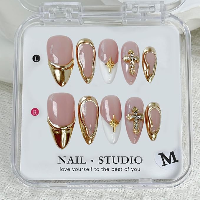 Handmade Fake Nails Medium Almond Press on Nails Rhinestones 3D Gold Curve Line False Nail French with Cross Designs Glossy Glue on Nail DIY for Women Manicure Art (Size M)