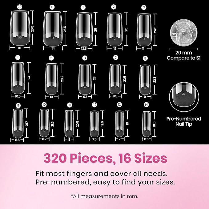 Beetles Gel Nail Tips Flat-X - Square Medium, 320pcs 16 Sizes, Pre-Etched Half Matte Full Cover Soft Acrylic Press on False Nail Extension Tips Easy DIY Salon Art for Flat & Natural Nail Beds