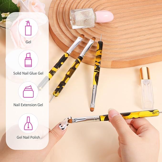 4pcs French Tip Brush for Nails French Gel Acrylic Nail Art Brush Two Way Professional Nail Art Brush with Dotting Tool for Cuticle Clean up Detailed Designs Nail Dotting Pen (10#, 12#, 14#, 16#)