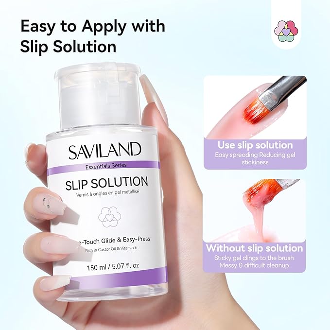 SAVILAND Slip Solution Kit for Poly Gel: 5.07fl.oz Large Anti-Stick Gel Liquid for Poly Gel, All-In-1 Nail Kit with Dual-Ended Nail Brush Dual Forms Dappen Dish for Beginners Nail Art Extension DIY