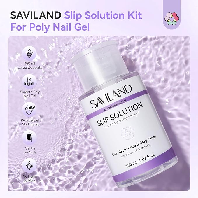 SAVILAND Slip Solution Kit for Poly Nail Gel: 150 ml/5.07fl.oz Nail Extension Slip Solution with Dual-Ended Nail Brush, Large Capacity One-Touch Glide No-Stick Liquid Easy for Nail Art Extension DIY