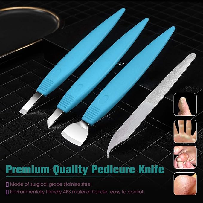 BEZOX Ingrown Toenail Removal Blades and Foot Callus Knife - 3 Different Blades Pedicure Knives with Toenail Lifter and Thick Nail File - Blue