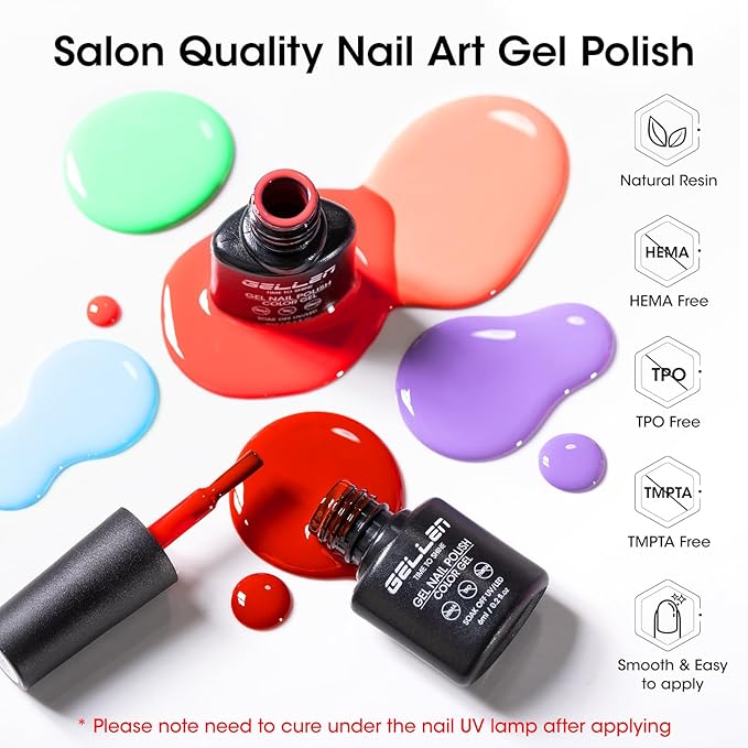 GELLEN 24pcs Gel Polish Set, 20 Colors UV Gel Nail Polish Red Blue Green Hema TMPTA TPO 3-free with Base Coat and Glossy Matte Cateye Top Coat, All Seasons NailGel for Christmas Gift Women Girls