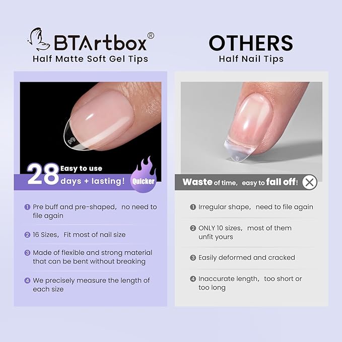 BTArtbox Half Matte Soft Gel Nail Tips - 320pcs Pre-Shaped Almond Nails, Full Cover Acrylic Fake Nails Medium, Clear Ultra Fit & Natural False Nails for Nail Extension, 16 Sizes