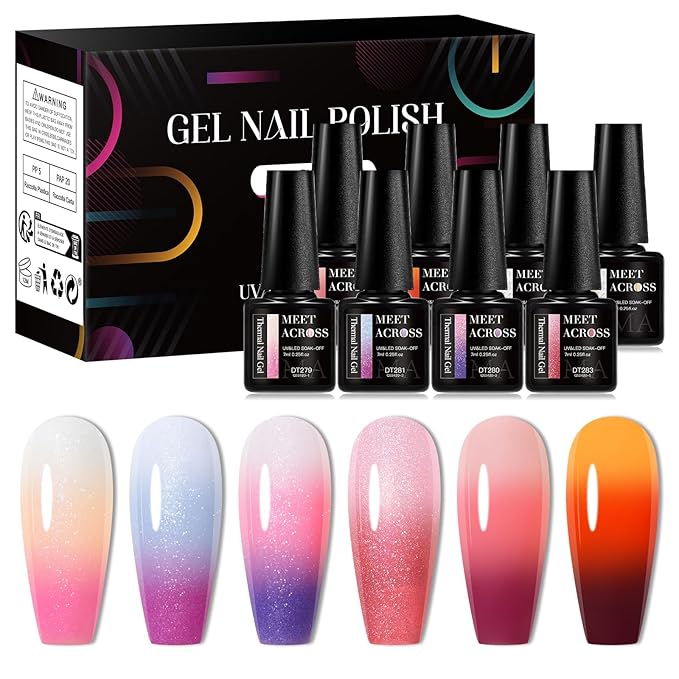 MEET ACROSS 8Pcs Glitter Color Changing Gel Nail Polish Set Pink Amber Color Changing Gel Polish Temperature Change Gel Polish Kit Manicure Gift 6 Colors