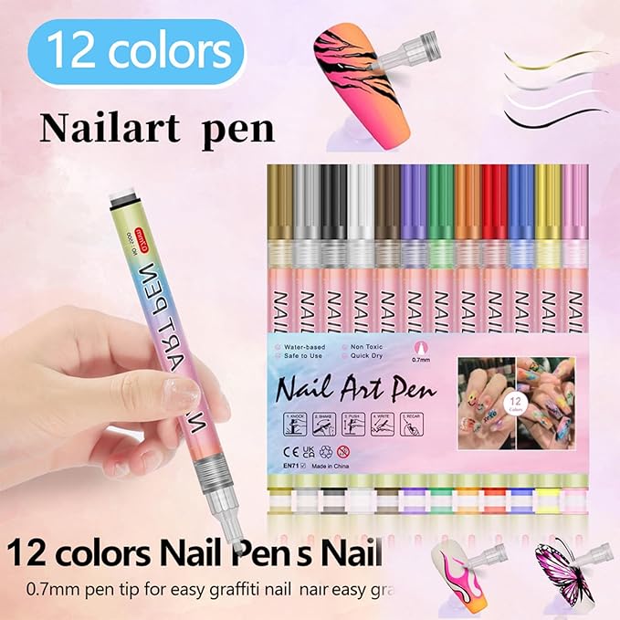 Nail Art Pens Set,12 Colors Nail Polish Graffiti Pens, Nail Varnish Pens, Waterproof Quick Dry Nail Drawing Pen, Acrylic Marker Pens 0.7mm Fine Tip Nail Point Graffiti Pens Nail Art Kit