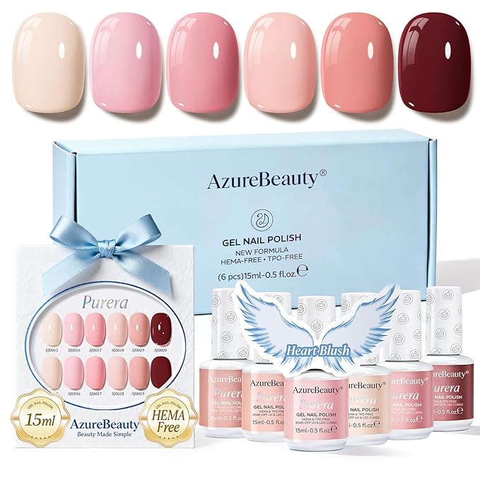 AZUREBEAUTY 6 Colors 15ml HEMA Free Gel Nail Polish Set, Same Color Bottles, Soak Off UV LED Gel Polish Kit Nail Art for DIY at Home Manicure Salon Gifts, Nude Pink Beige Burgundy Red