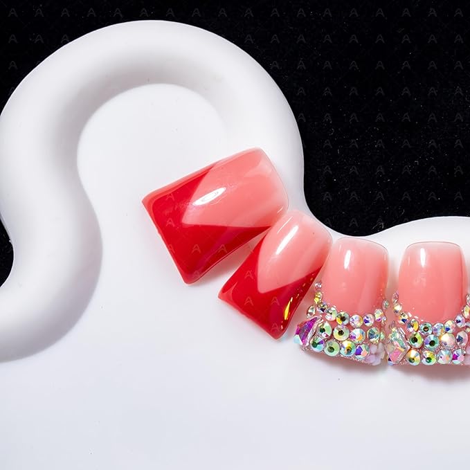 10 Pieces Luxury Y2K Acrylic Press On Nails Short Handmade Duck Nails, Red Thickened French False Nails With Bling Rhinestones, Reusable Fake Nails, Acrylic Nails (L)