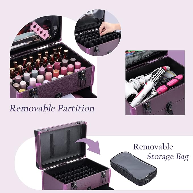 FRENESSA Rolling Nail Case Wheeled Manicure Storage Case Polish Organizer Professional Makeup Trolley for Studio or Travelling Nail Technician Artists Cosmetologist Stylist - Vegan Leather