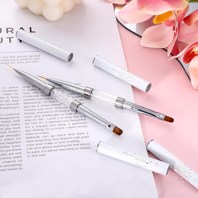 Double Ended Nail Builder Gel Brush, 2 Pcs French Tip Liner Brush White Nail Design Brushe With Rhinestone Handle Naile Drawing Brushes Nails Liner Brushes for Design UV Hard Gel Nails