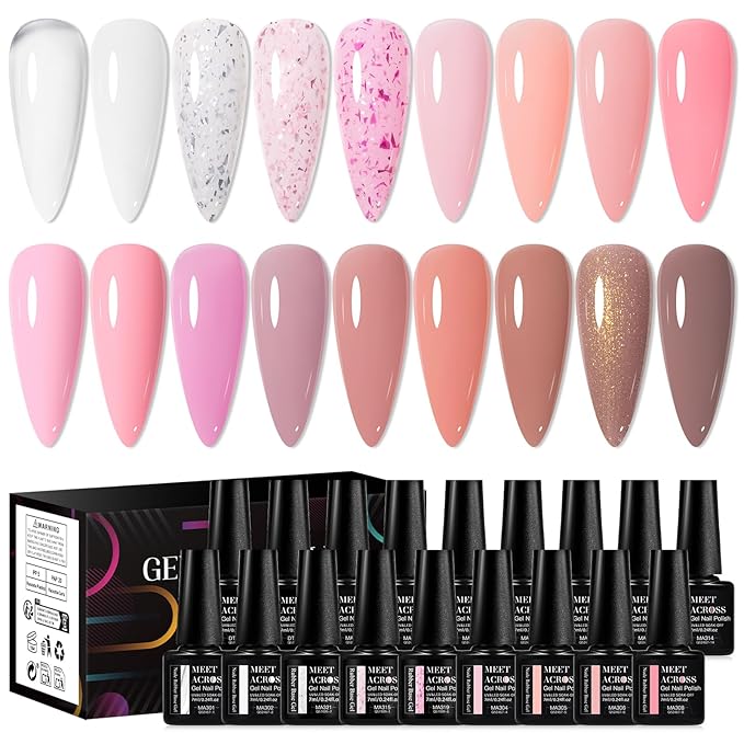 MEET ACROSS 18Pcs Rubber Builder Gel for Nails Pink Brown Gold Foil 2-in-1 Base Color Gel Polish Strengthen Gel Nail Polish Art Manicure Kit