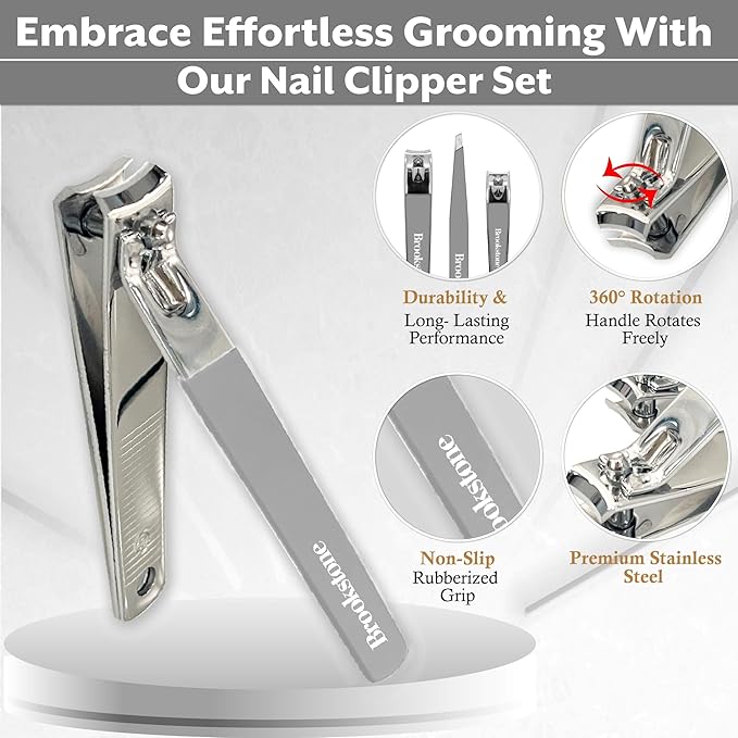 Brookstone Nail Clippers Set - Premium Stainless Steel Nail Clipper and Nail Cutter with Rubberized Non-Slip Grip, Includes Case and Tweezer, Two Nail Clippers for Precision Grooming (Grey)