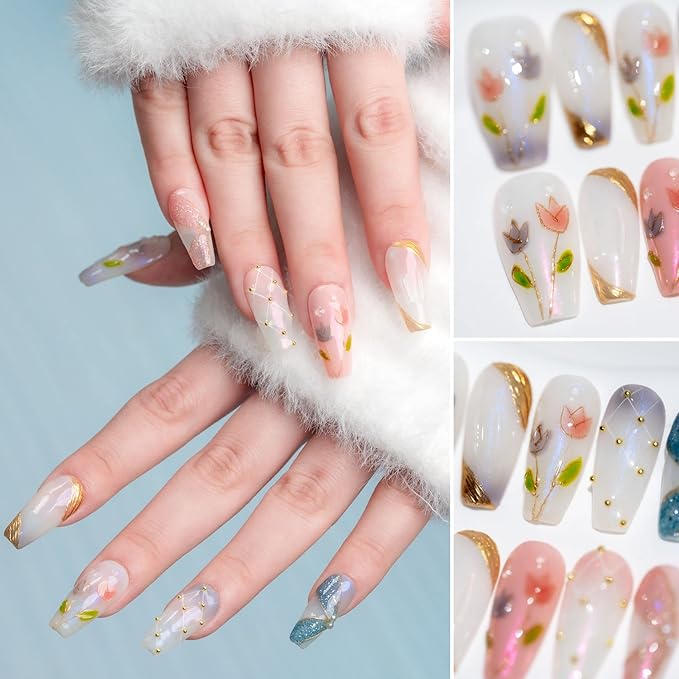 Sun&Beam Nails Handmade Long Coffin Ballerina White Pink False Nail Tips with Cute 3D Gold Pearl Popular Charm Design Press On Nails 10 Pcs (#56 S) (FN-HM-056-S.AU)