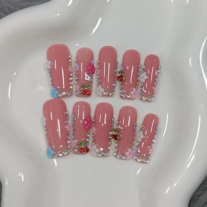 DazzleShine Press on Nails Long Square - Sheer Pink French Tip with Rhinestone Edge Luxury False Nails for Women,Glossy Handmade Acrylic Glue on Nails for Daily(S)
