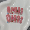 DazzleShine Press on Nails Long Square - Sheer Pink French Tip with Rhinestone Edge Luxury False Nails for Women,Glossy Handmade Acrylic Glue on Nails for Daily(L)