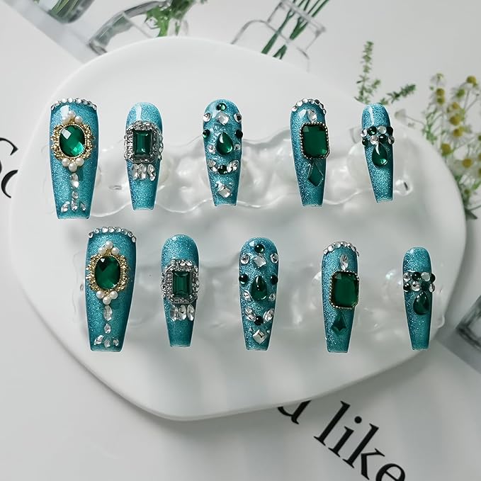 Emerald Luxury Green Press on Nails Long Coffin - Handmade 3D Design with Multi-shape Rhinestones & Crystal Gems Sparkling Elegant False Nails for Women Daily Wear(Emerald Green Sparkle,M)