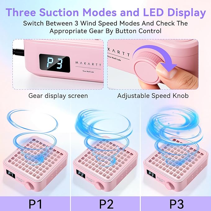 Makartt MIni Nail Dust Collector - Professional Powerful Suction Larina Dust Cleaner with LED Display, Adjustable Speed Wrist Rest and Reusable Filter for Nail Tech Acrylic Gel Polishing Pink