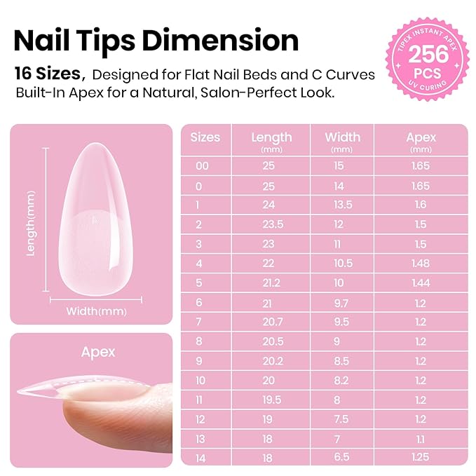 Beetles Tipex Lite Pre-Built Apex Gel Nail Tips, Almond Medium, 256pcs Value Pack, 16 Sizes, Flat-Nail Friendly Acrylic Tips for Natural Nail Beds, Easy for Beginner DIY