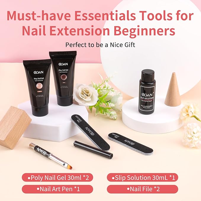 BQAN Poly Nail Gel, 2 Jelly Colors Poly Extension Gel (30ml) with Slip Solution & Brush | Non-Lifting Low Odor | for Nail Builder Pro Salon & Home DIY - Jelly Brown, 1 Oz/Pack (Pack of 2)