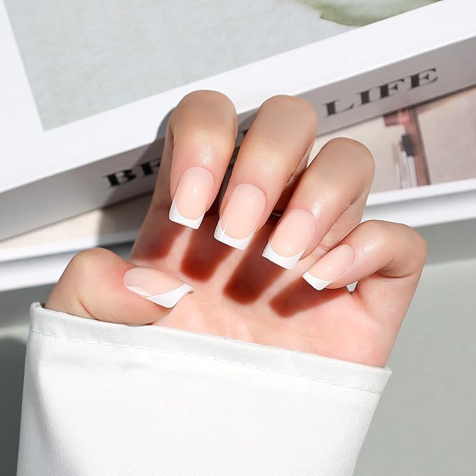 Luxbon Square Press On Nails with No-Cure Nail Glue and Tool Kit – French Manicure Glue On Nails 30-32pcs Full Size Set, Reusable Fake Nails for Women, Salon Look at Home, White