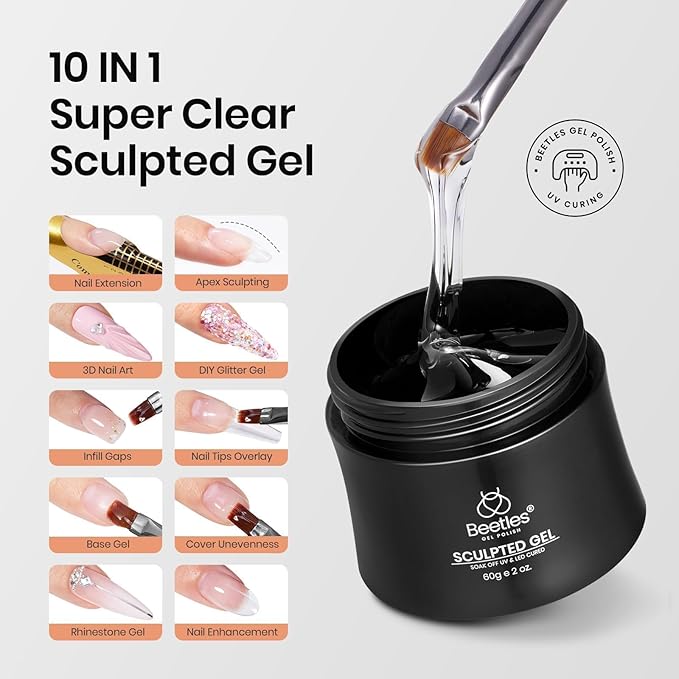 Beetles Hard Gel 10 in 1 Large Capacity 60g Clear Scuplted Gel for Nail Extension Sculpting & Overlays Building High Hardness with Nail Accessories for Pro Salon Use LED & UV Lamp Needed