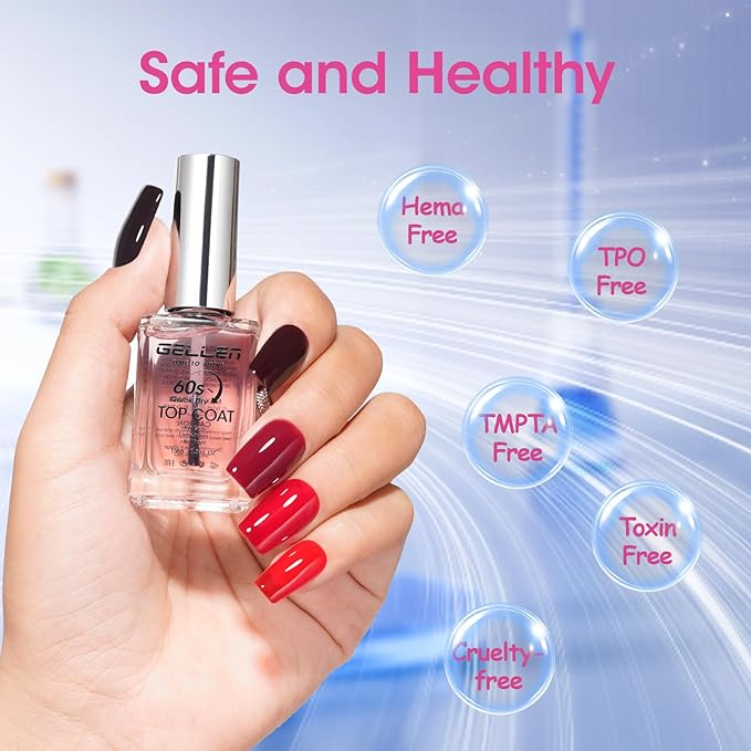 GELLEN Clear Nail Polish Top Coat Quick Dry in 60 Seconds, High Gloss Shine Top Coat Fast Air Drying Regular Nail Polish, Hema Free, Non-toxic, No Chip, Long Lasting, No Pink
