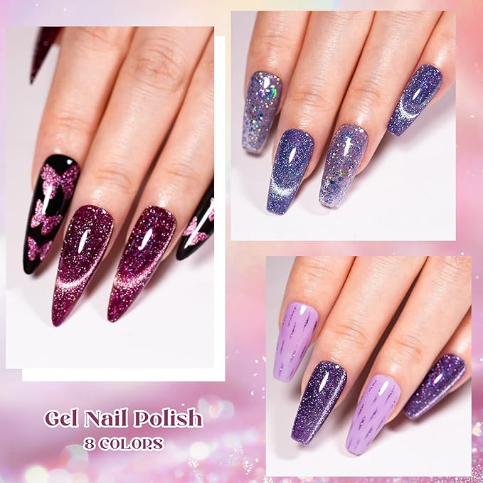 MEET ACROSS 9Pcs Cat Eye Gel Nail Polish Set Glitter Purple Red Black Magnetic Gel Polish Kit with Magnet, Soak Off UV/LED Cateye Nail Polish DIY Manicure Kit 8 Colors