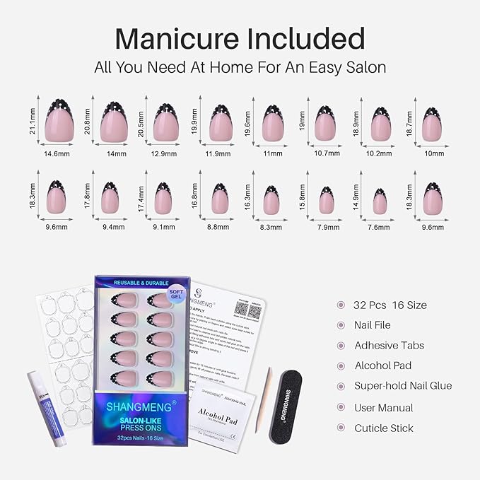 Black French Tip Press on Nails Short - SHANGMENG Soft Gel Almond Press on Nails for Women, Seamless Fit Glue on Nails in 16 Sizes - 32 Reusable Fake Nails Kit with Glue, Polka Dots