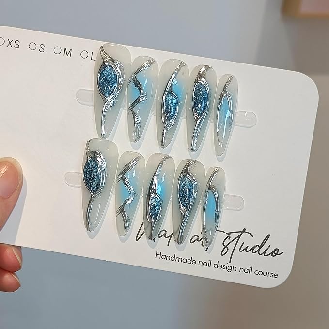 10PCS Long Stiletto Press on Nails with Tools Kit - Icy Ocean Blue Cat Eye & Metallic Liquid Design Glue on Nails | Rebel Glam 3D Relief Fake Nails | Long Sparkling Mermaid False Nails(XS)