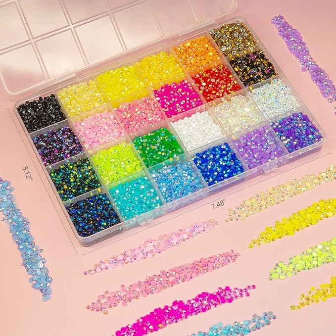 20000PCS 24 Color Jelly Resin Rhinestones w B7000 Glue for Bedazzling Crafting 3mm 4mm Flatback Rainbow Stones Colorful AB Gems Diamonds Charms Bedazzler Kit for Nails Eyes Face Makeup Beauty