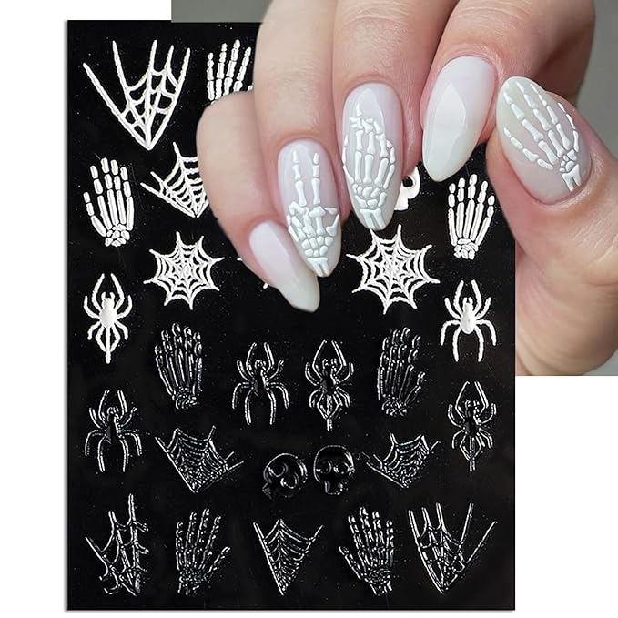 Halloween Nail Art Stickers, Bones Skeleton Nail Decals, 3D Spooky Self-Adhesive Spider-Web Bat Design for DIY Nail Supplies Decoration (4 Sheets)