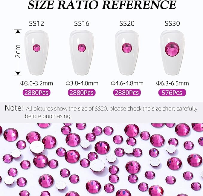 Fuchsia Flatback Rhinestones, Glass Rhinestones for Nail Art and Craft, Glue Fix, Loose Crystal Gemstones(Fuchsia, SS30, 576pcs, 6.4-6.6mm)
